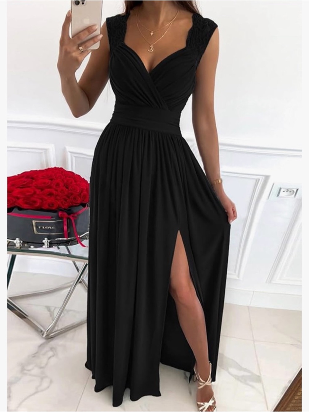 Dokotoo Black Elegant V-Neck Evening Maxi Dress with Leg Slit - Picture 3 of 6